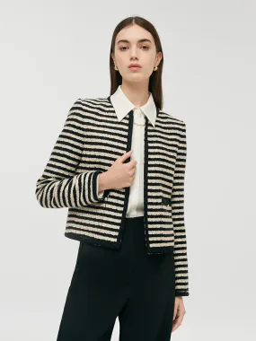 Veste courte en tweed à rayures noir et blanc en mélange de laine pour